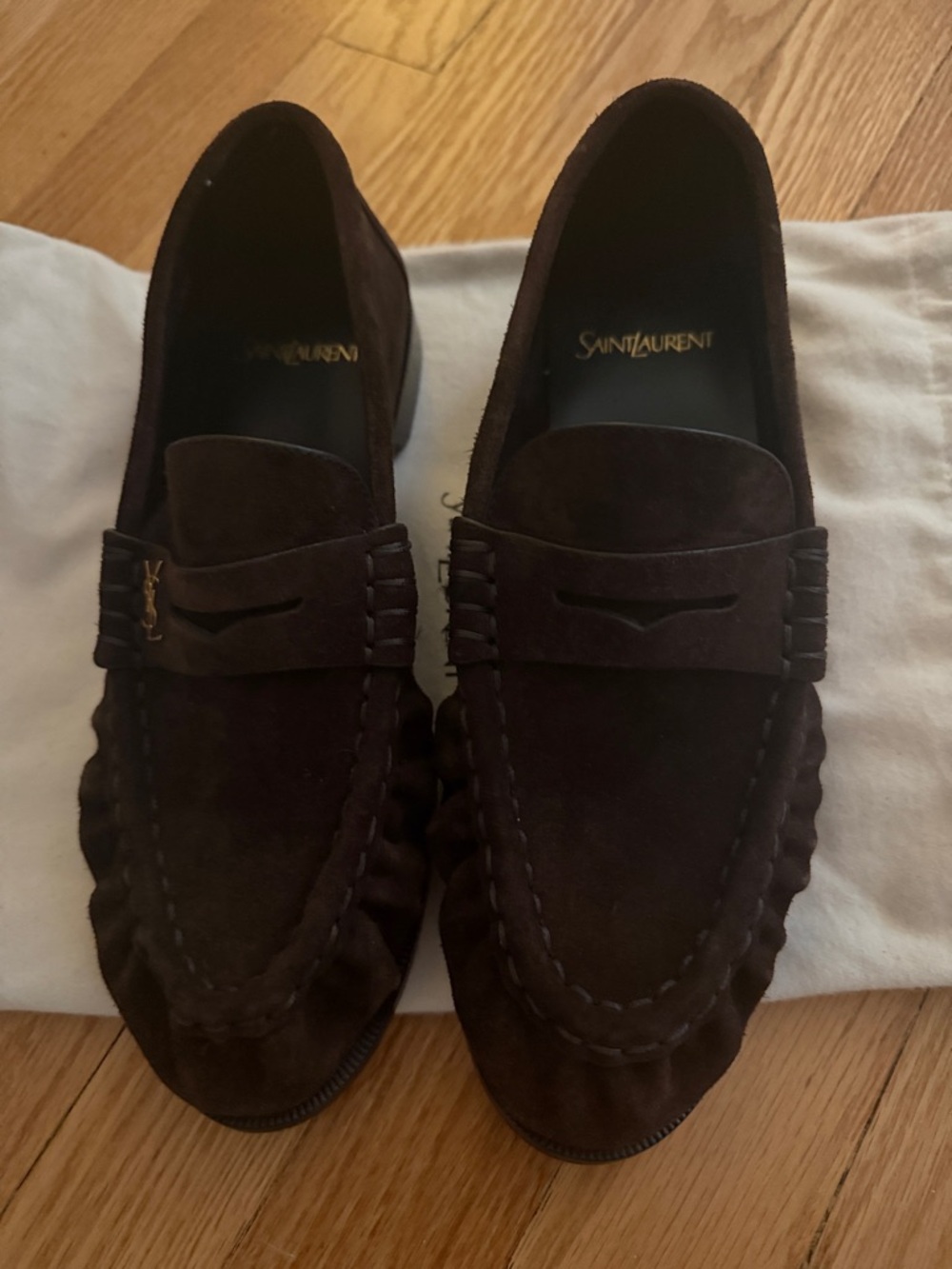 Saint Laurent Brown Suede Penny Loafers with YSL Accent